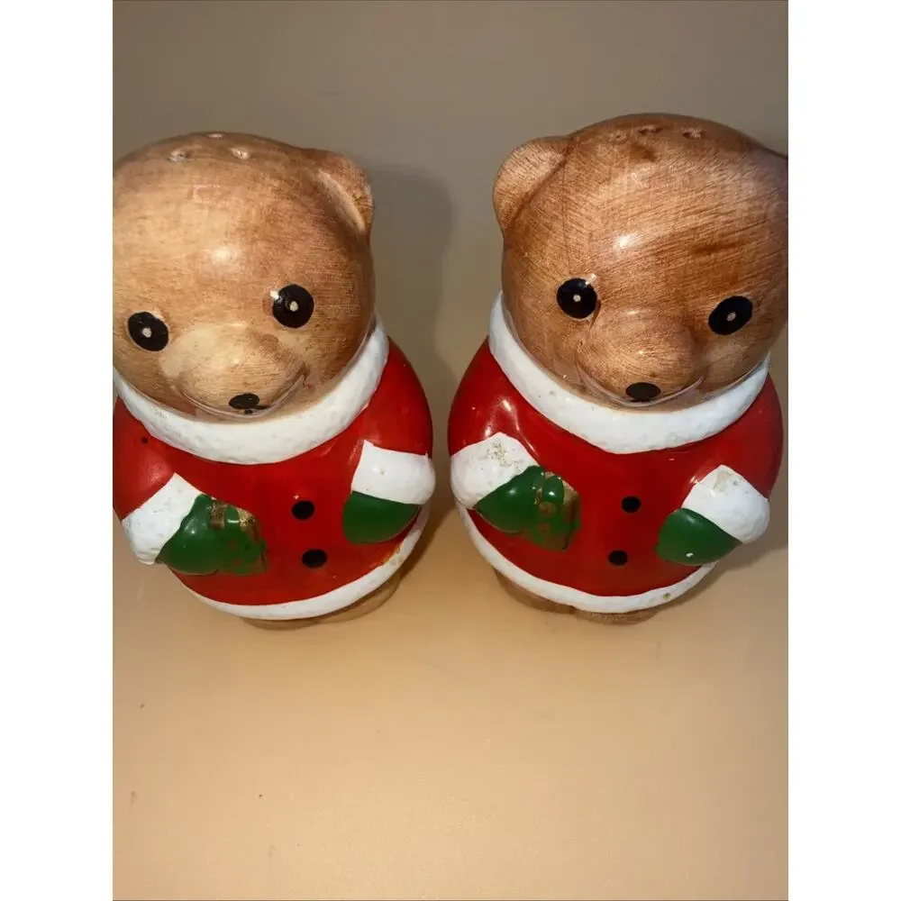 ASIA Master-Salt and Pepper Shakers Christmas Teddy Bear In Santa Suit Porcelain